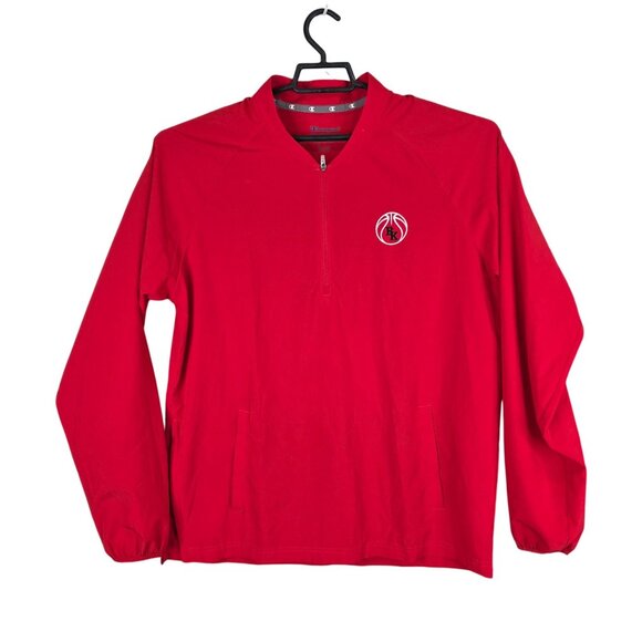 Mens Champion Red 1/4 Zip Pullover Jacket V Neck Long Sleeve Polyester Size M - Picture 1 of 10